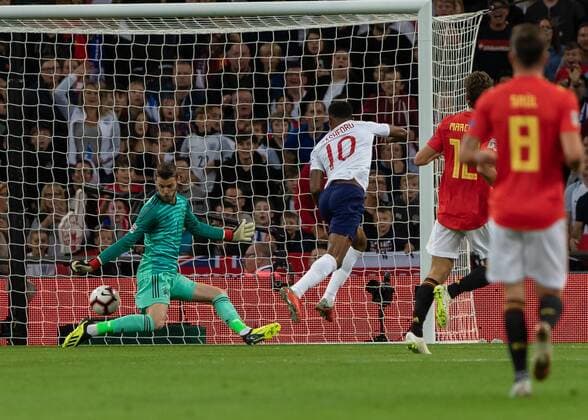 Football - 2018 2019 UEFA Nations League A - Group Four: England vs. Spain Marcu s Rashford (England) strikes to give England the lead at Wembley Stadium. COLORSPORT DANIEL BEARHAM  csp_eng_spa_080918_