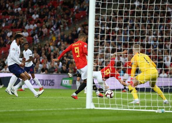 8th September 2018, Wembley Stadium, London, England; UEFA Nations League football, England versus Spain; Rodrigo of Spain scores his sides 2nd goal from a cross in the 32nd minute to make it 1-2  ActionPlus12061067 JohnxPatrickxFletcher