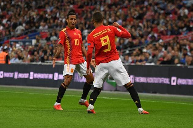 Rodrigo of Spain celebrates Spains second goal during the UEFA Nations League international match L?nderspiel between England and Spain at Wembley Stadium, London, England on 8 September 2018. Copyright: xClivexHowesx PMI-2214-0022