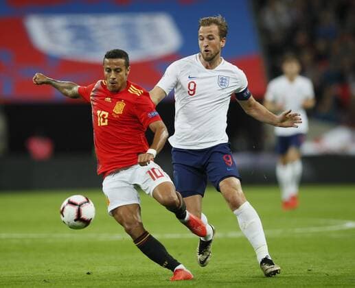 Thiago of Spain tackled by Harry Kane of England during the UEFA Nations League - League A - Group 4 match at Wembley Stadium, London. Picture date 8th September 2018. Picture credit should read: David Klein Sportimage EDITORIAL USE ONLY. No use with unauthorised audio, video, data, fixture lists, club league logos or live services. Online in-match use limited to 120 images, no video emulation. No use in betting, games or single club league player publications.