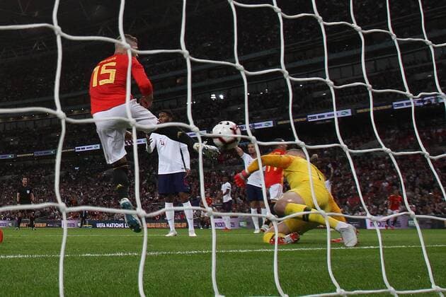 England v Spain UEFA Nations League Sergio Ramos of Spain kicks the ball back in the net after Rodrigo Moreno of Spain scores his sides 2nd goal during the UEFA Nations League match at Wembley Stadium, London Content Not Available For UK Newspapers Copyright: xPaulxChestertonx FIL-12248-0004