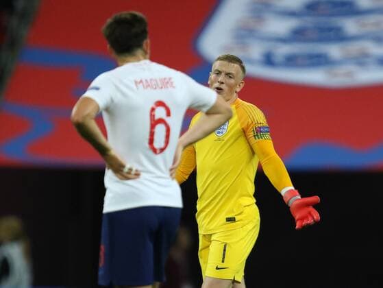Jordan Pickford (E) and Harry Maguire (E) dejection after the second Spain goal (1-2) at the UEFA Nations League A, Group 4, between England and Spain, at Wembley Stadium, London, on September 8, 2018. **THIS PICTURE IS FOR EDITORIAL USE ONLY** 