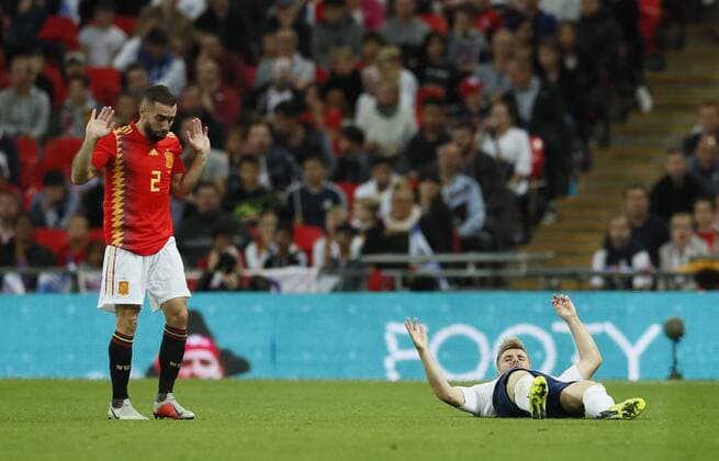 Dani Carvajal of Spain protest his innocence following the incident with Luke Shaw of England during the UEFA Nations League - League A - Group 4 match at Wembley Stadium, London. Picture date 8th September 2018. Picture credit should read: David Klein Sportimage EDITORIAL USE ONLY. No use with unauthorised audio, video, data, fixture lists, club league logos or live services. Online in-match use limited to 120 images, no video emulation. No use in betting, games or single club league player publications.