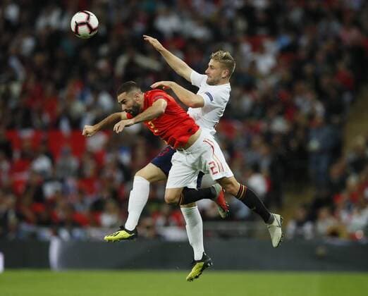 Dani Carvajal of Spain jumps with Luke Shaw of England which leads to Shaw being stretchered off during the UEFA Nations League - League A - Group 4 match at Wembley Stadium, London. Picture date 8th September 2018. Picture credit should read: David Klein Sportimage EDITORIAL USE ONLY. No use with unauthorised audio, video, data, fixture lists, club league logos or live services. Online in-match use limited to 120 images, no video emulation. No use in betting, games or single club league player publications.