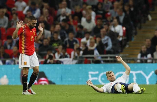 Dani Carvajal of Spain protest his innocence following the incident with Luke Shaw of England during the UEFA Nations League - League A - Group 4 match at Wembley Stadium, London. Picture date 8th September 2018. Picture credit should read: David Klein Sportimage EDITORIAL USE ONLY. No use with unauthorised audio, video, data, fixture lists, club league logos or live services. Online in-match use limited to 120 images, no video emulation. No use in betting, games or single club league player publications.