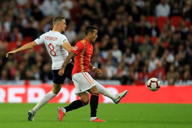 8th September 2018, Wembley Stadium, London, England; UEFA Nations League football, England versus Spain; Jordan Henderson of England challenges Thiago Alcantara of Spain  ActionPlus12061085 ShaunxBrooks