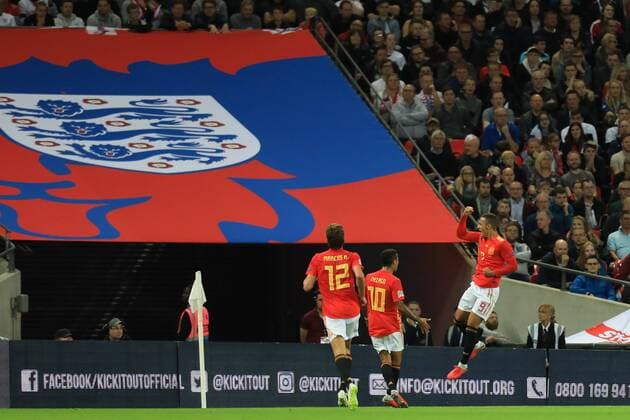 8th September 2018, Wembley Stadium, London, England; UEFA Nations League football, England versus Spain; Rodrigo of Spain celebrates as he scores making it 1-2  ActionPlus12061095 ShaunxBrooks