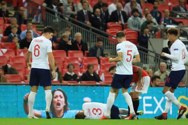 8th September 2018, Wembley Stadium, London, England; UEFA Nations League football, England versus Spain; Luke Shaw of England goes down as team mates rush to aid him  ActionPlus12061096 ShaunxBrooks
