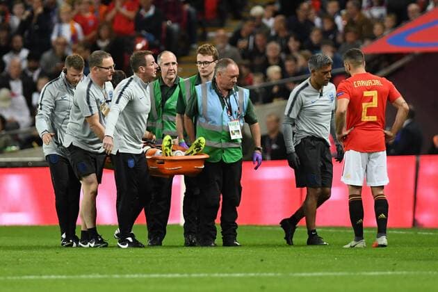 Luke Shaw of England is Stretchered during the UEFA Nations League international match L?nderspiel between England and Spain at Wembley Stadium, London, England on 8 September 2018. Copyright: xClivexHowesx PMI-2214-0037