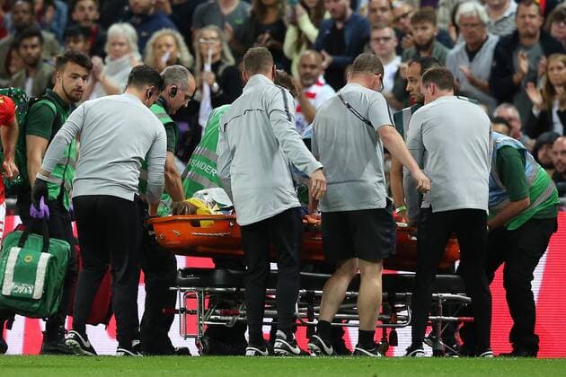 England v Spain UEFA Nations League Luke Shaw of England leaves the match on a stretcher after a nasty injury during the UEFA Nations League match at Wembley Stadium, London Content Not Available For UK Newspapers Copyright: xPaulxChestertonx FIL-12248-0024