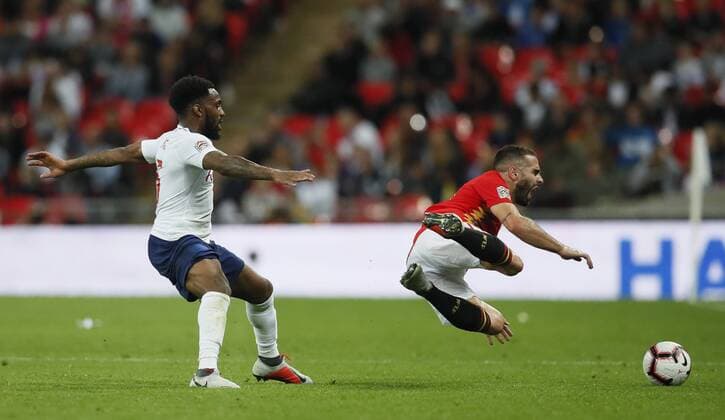 Danny Rose of England tackles Dani Carvajal of Spain during the UEFA Nations League - League A - Group 4 match at Wembley Stadium, London. Picture date 8th September 2018. Picture credit should read: David Klein Sportimage EDITORIAL USE ONLY. No use with unauthorised audio, video, data, fixture lists, club league logos or live services. Online in-match use limited to 120 images, no video emulation. No use in betting, games or single club league player publications.