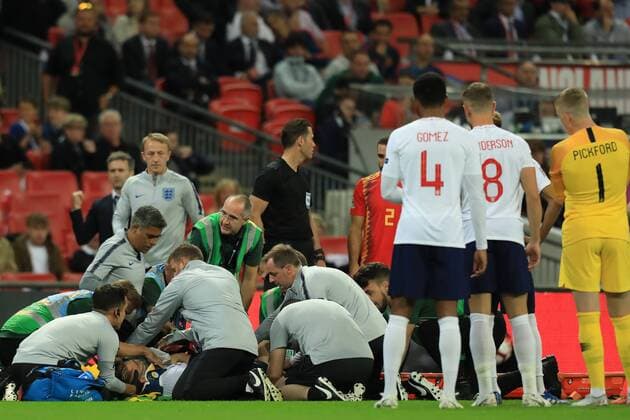 8th September 2018, Wembley Stadium, London, England; UEFA Nations League football, England versus Spain; The medical team treat Luke Shaw of England after a collision  ActionPlus12061111 ShaunxBrooks