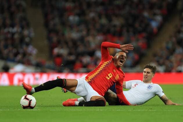 8th September 2018, Wembley Stadium, London, England; UEFA Nations League football, England versus Spain; John Stones of England fouls Rodrigo of Spain  ActionPlus12061112 ShaunxBrooks