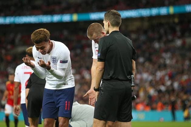 England v Spain UEFA Nations League Dele Alli of England and Eric Dier of England appeal to the official behind the goal (Additional Assistant Referee Kevin Blom (NED) or Additional Assistant Referee Lochem Kamphuis (NED)) as he appears to disallow England s 2nd goal for a foul on David De Gea of Spain during the UEFA Nations League match at Wembley Stadium, London Content Not Available For UK Newspapers Copyright: xPaulxChestertonx FIL-12248-0035