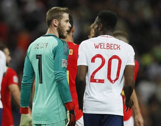 David De Gea of Spain and Danny Welbeck of England chat at the end of the game during the UEFA Nations League - League A - Group 4 match at Wembley Stadium, London. Picture date 8th September 2018. Picture credit should read: David Klein Sportimage EDITORIAL USE ONLY. No use with unauthorised audio, video, data, fixture lists, club league logos or live services. Online in-match use limited to 120 images, no video emulation. No use in betting, games or single club league player publications.