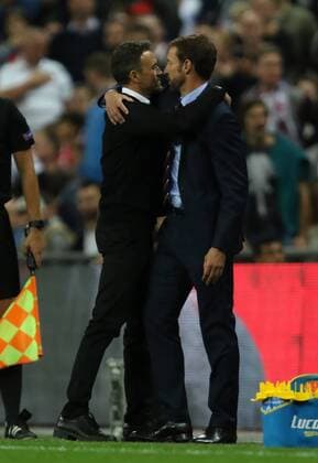 Gareth Southgate (England coach) and Luis Enrique (Spain coach) embraces at the end of the UEFA Nations League A, Group 4, between England and Spain, at Wembley Stadium, London, on September 8, 2018. **THIS PICTURE IS FOR EDITORIAL USE ONLY** 