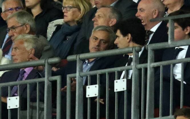 Jose Mourinho (Man Utd Manager) chatting after Luke Shaw (E) was taken off injured at the UEFA Nations League A, Group 4, between England and Spain, at Wembley Stadium, London, on September 8, 2018. **THIS PICTURE IS FOR EDITORIAL USE ONLY** 
