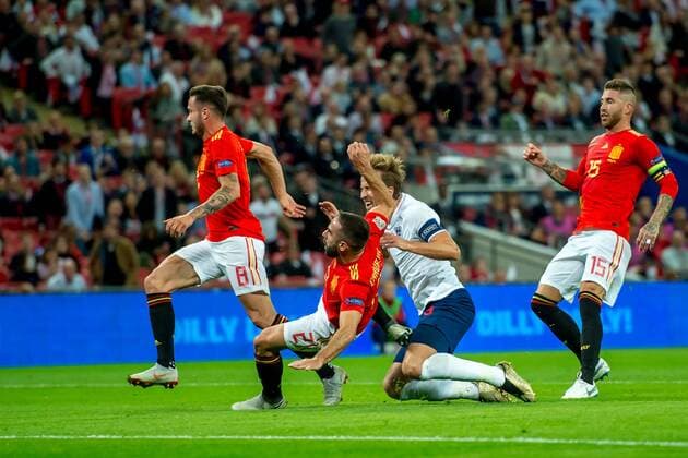 September 8, 2018 - Harry Kane of England is fouled by Dani Carvajal of Spain in the penalty area during the UEFA Nation League, Group 4, League A match between England and Spain at Wembley Stadium, London, England on 8 September 2018. Salvio Calabrese Soccer: England v Spain.UEFA Nation League Group Stage.8 9 2018 - ZUMAa181 20180908_zaa_a181_090 Copyright: xAFP7x