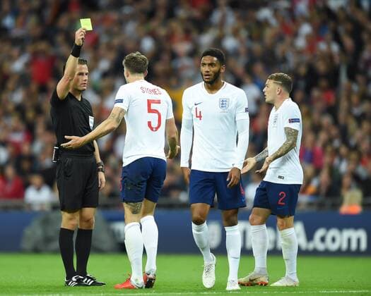 England v Spain UEFA Nations League John Stones of England is booked by referee Danny Makkelie during the UEFA Nations League match at Wembley Stadium, London Content Not Available For UK Newspapers Copyright: xMartynxHaworthx FIL-12249-0064