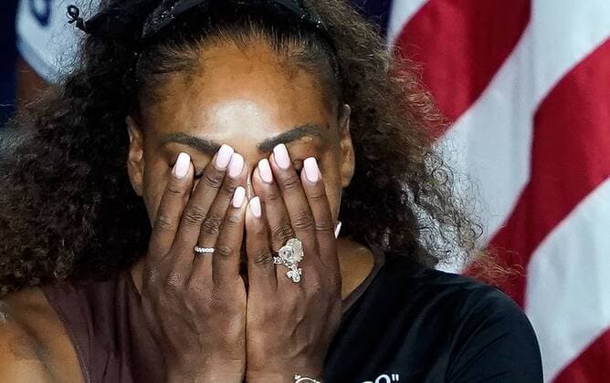 Serena Williams of the United States reacts during the awards ceremony after she lost to Naomi Osaka of Japan in their Woman s Singles Final match in Arthur Ashe Stadium at the 2018 US Open Tennis Championships at the USTA Billie Jean King National Tennis Center in New York City on September 8, 2018.  NYP20180908428 RAYxSTUBBLEBINE