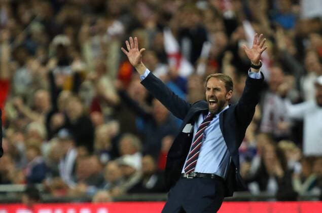 Gareth Southgate (England coach) celebrates the England goal scored in the second half, which was later disallowed, at the UEFA Nations League A, Group 4, between England and Spain, at Wembley Stadium, London, on September 8, 2018. **THIS PICTURE IS FOR EDITORIAL USE ONLY** 
