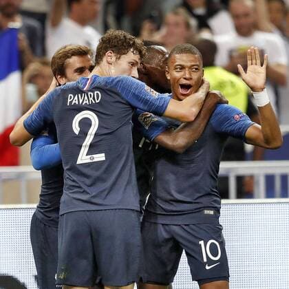 SAINT DENIS, 09-09-2018, Stadium Stade France , football, season 2018 2019, Nations Cup. France player Kylian Mbappe (R) celebrating his 1-0 with France player Benjamin Pavard (L) during the game France - Netherlands . France - Netherlands  x2457102x
