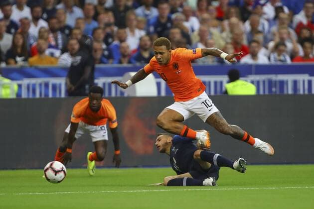 Fußball, Nations League, Frankreich - Niederlande Lucas Hernandez (France) vs Memphis Depay (Pays Bas) FOOTBALL : France vs Pays Bas - Ligue des Nations - 09 09 2018 GwendolineLeGoff Panoramic 