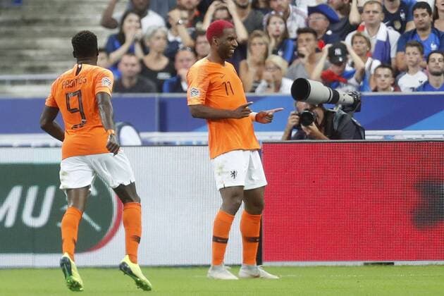 Fußball, Nations League, Frankreich - Niederlande SAINT DENIS, 09-09-2018, Stadium Stade France , football, season 2018 2019, Nations League , Netherlands player Quincy Promes , Netherlands player Ryan Babel after 1-1 during the game France - Netherlands France - Netherlands  x2457525x