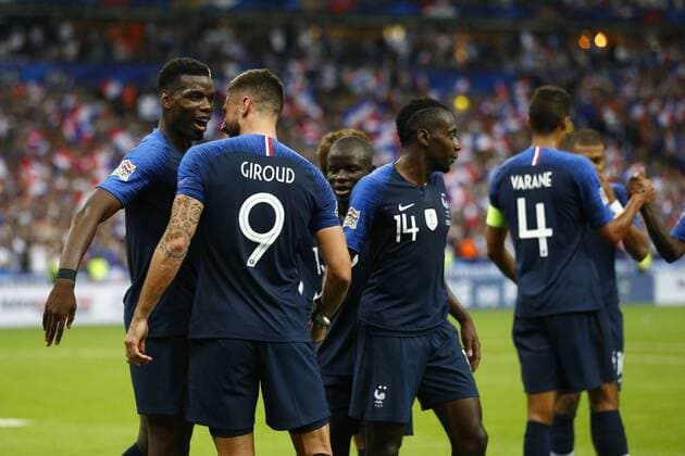 Fußball, Nations League, Frankreich - Niederlande Joie Olivier Giroud (France) et Paul Pogba (France) Benjamin Mendy (France) FOOTBALL : France vs Pays Bas - Ligue des Nations - 09 09 2018 GwendolineLeGoff Panoramic 