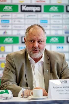 Praesident Deutscher Handballbund Andreas Michelmann waehrend der Pressekonferenz zum Handball Laenderspiel der Frauen zwischen Deutschland und Russland in der Radisson Blue Hotel am 10. September 2018 in Bauhausstadt Dessau, Sachsen Anhalt (Saxony Anhalt), Deutschland (Germany) (Eibner Hartmut Boesener) HB-LS-F PK Deutschland - Russland Copyright: xEIBNER HartmutxBoesenerx EP_HBR