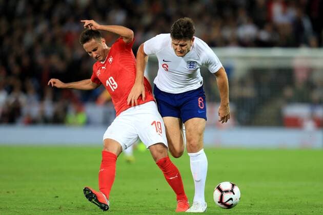 11th September 2018, King Power Stadium, Leicester, England; International Football Friendly, England versus Switzerland; Mario Gavranovic of Switzerland competes for the ball with Harry Maguire of England  ActionPlus12061779 ShaunxBrooks