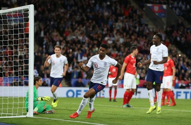 Marcus Rashford of England celebrates scoring the first goal during the International Friendly Länderspiel match at the King Power Stadium, Leicester. Picture date 11th September 2018. Picture credit should read: Nigel French Sportimage EDITORIAL USE ONLY. No use with unauthorised audio, video, data, fixture lists, club league logos or live services. Online in-match use limited to 120 images, no video emulation. No use in betting, games or single club league player publications.