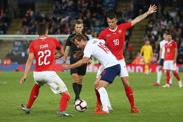 Fu?ball, Testspiel, England - Schweiz England v Switzerland International Friendly L?nderspiel Danny Welbeck of England, Fabian Schar of Switzerland and Granit Xhaka of Switzerland in action during the International Friendly match at the King Power Stadium, Leicester Content Not Available For UK Newspapers Copyright: xPaulxChestertonx FIL-12259-0096