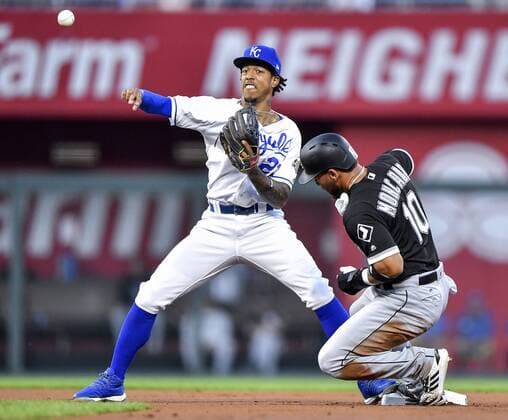 September 11, 2018 - Kansas City, MO, USA - Kansas City Royals second baseman Adalberto Mondesi forces out the Chicago White Sox s Yoan Moncada (10) at second but couldn t get the ball back to first for the double play on Yolmer Sanchez in the first inning on Tuesday, Sept. 11, 2018, at Kauffman Stadium in Kansas City, Mo. Chicago White Sox at Kansas City - ZUMAm67_ 20180911_zaf_m67_019 Copyright: xJohnxSleezerx