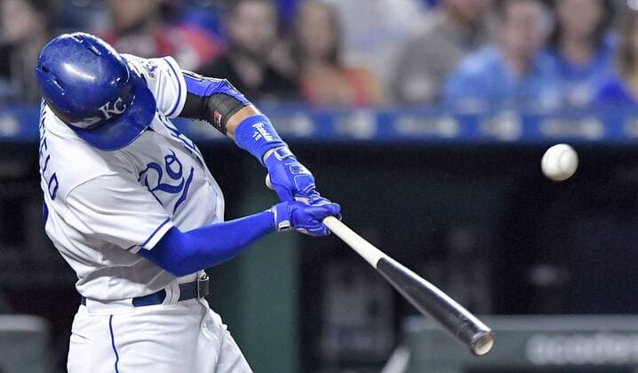 September 11, 2018 - Kansas City, MO, USA - The Kansas City Royals Whit Merrifield connects on an RBI single to score Brian Goodwin in the third inning against the Chicago White Sox on Tuesday, Sept. 11, 2018, at Kauffman Stadium in Kansas City, Mo. Chicago White Sox at Kansas City - ZUMAm67_ 20180911_zaf_m67_023 Copyright: xJohnxSleezerx