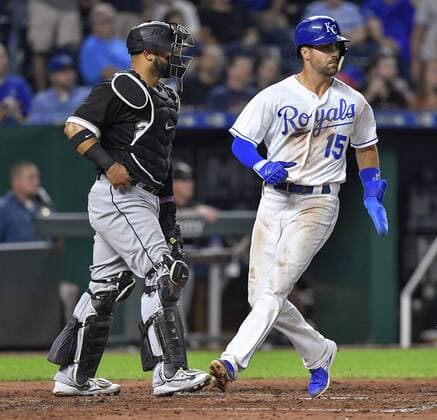 September 11, 2018 - Kansas City, MO, USA - The Kansas City Royals Whit Merrifield scores in front of Chicago White Sox catcher Welington Castillo on a sacrifice fly by Alex Gordon in the third inning on Tuesday, Sept. 11, 2018, at Kauffman Stadium in Kansas City, Mo. Chicago White Sox at Kansas City - ZUMAm67_ 20180911_zaf_m67_021 Copyright: xJohnxSleezerx