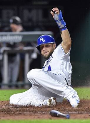 September 11, 2018 - Kansas City, MO, USA - The Kansas City Royals Alex Gordon scores on a two-run single by Hunter Dozier in the fifth inning against the Chicago White Sox on Tuesday, Sept. 11, 2018, at Kauffman Stadium in Kansas City, Mo. Chicago White Sox at Kansas City - ZUMAm67_ 20180911_zaf_m67_034 Copyright: xJohnxSleezerx