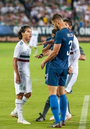NASHVILLE, TN - SEPTEMBER 11: Mexico midfielder Diego Lainez (18) and United States defender Matt Miazga (3) exchange words during a match between the United States and Mexico on September 11, 2018, at Nissan Stadium in Nashville, TN. (Photo by Bryan Lynn Icon Sportswire) SOCCER: SEP 11 Mexico v USA Icon180911014 EDITORIAL USE ONLY