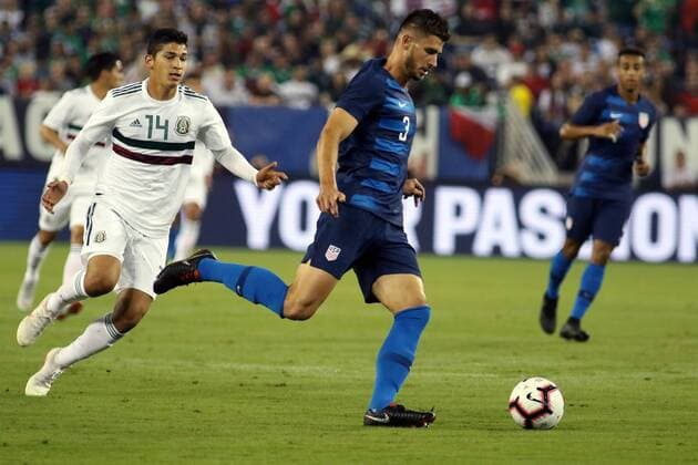 NASHVILLE, TN - SEPTEMBER 11: United States defender Matt Miazga (3) is pursued by Mexico forward Angel Zaldivar (14) during the game between the United States national team Nationalteam and the Mexico National team on September 11, 2018 at Nissan Stadium in Nashville, Tennessee. (Photo by Michael Wade Icon Sportswire) SOCCER: SEP 11 Mexico v USA Icon09111806 EDITORIAL USE ONLY