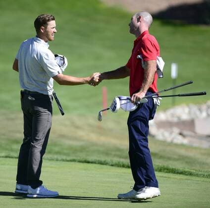 September 13, 2018 - Albuquerque, NEW MEXICO, U.S. - 091318 .Sam Saunders,<cq>,left is congratulated by 2nd place finisher Jeff Burton,<cq>., after hitting the winning shot in the Final Round of the New Mexico Open held at Sandia Golf Course .Photographed on Thursday September 13, 2018 Journal News - September 13, 2018 - ZUMAab1_ 85445269st Copyright: xAdolphexPierre-Louisx