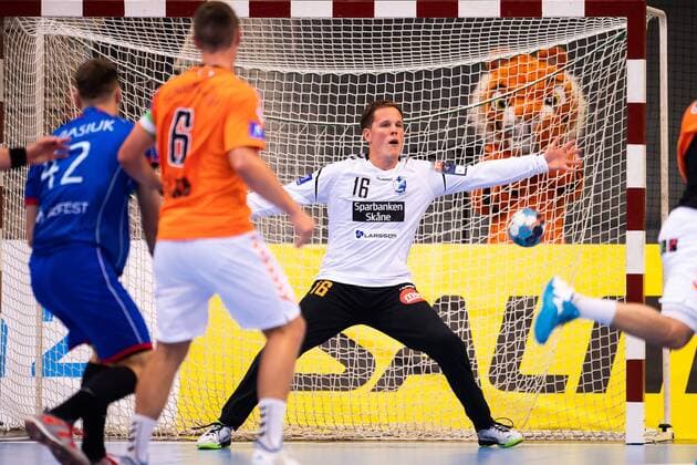 180915 Kristianstads malvakt Richard Kappelin under handbollsmatchen i Champions League mellan Kristianstad och Meshkov Brest den 15 september 2018 i Kristianstad. Copyright: AvdoxBilkanovic BB180915AB072