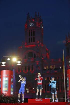 Spanish Enric Mas of Quick-Step Floors, Britain s Simon Yates of Mitchelton - Scott and Spanish Miguel Angel Lopez of Astana Pro Team celebrate on the podium after the 21st and final stage of the Vuelta a Espana , Tour of Spain cycling race, 100,9km from Alcorcon to Madrid, Spain, Sunday 16 September 2018. FRANCE OUT YUZURUxSUNADA  x05427701x