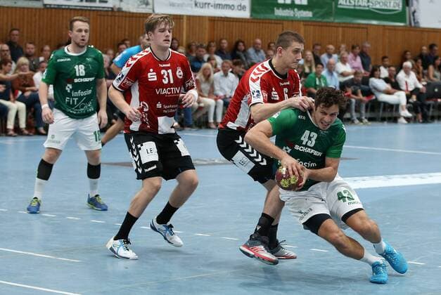 v.li.: Steffen Kaufmann (DJK Rimpar Wölfe), Dadi Runarsson (VfL Lübeck-Schwartau), Pawel Genda (VfL Lübeck-Schwartau), Benedikt Brielmeier (DJK Rimpar Wölfe), DKB 2. Handball-Bundesliga, DJK Rimpar Wölfe - VfL Lübeck-Schwartau,