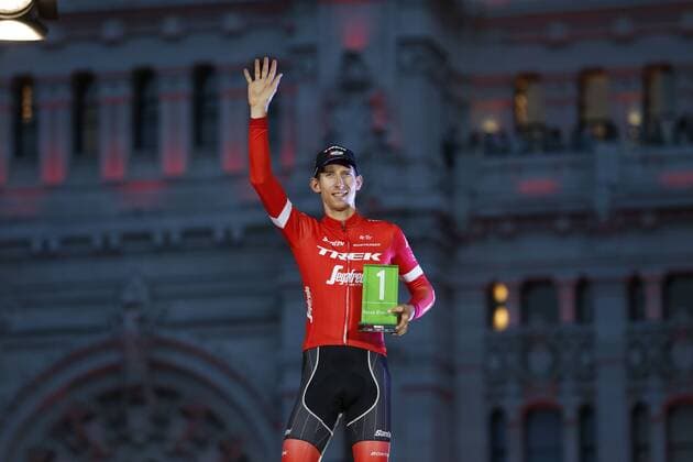 Dutch Bauke Mollema of Trek-Segafredo celebrates on the podium after winning the most aggressive rider trophy at the 21st and final stage of the Vuelta a Espana , Tour of Spain cycling race, 100,9km from Alcorcon to Madrid, Spain, Sunday 16 September 2018. FRANCE OUT YUZURUxSUNADA  x05427740x