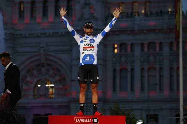 Belgian Thomas De Gendt of Lotto Soudal celebrates on the podium in the polka-dot jersey for best climber after the 21st and final stage of the Vuelta a Espana , Tour of Spain cycling race, 100,9km from Alcorcon to Madrid, Spain, Sunday 16 September 2018. FRANCE OUT YUZURUxSUNADA  x05427747x