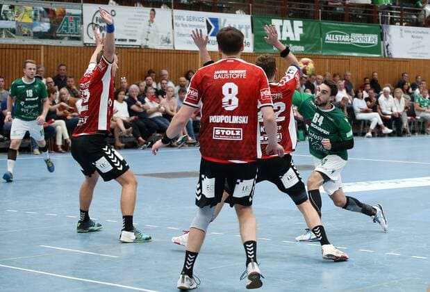 v.li.: Steffen Kaufmann (DJK Rimpar Wölfe), Fynn Ranke (VfL Lübeck-Schwartau), Toni Podpolinski (VfL Lübeck-Schwartau), Steffen Köhler (VfL Lübeck-Schwartau), Benjamin Herth (DJK Rimpar Wölfe), DKB 2. Handball-Bundesliga, DJK Rimpar Wölfe - VfL Lübeck-Schwartau,