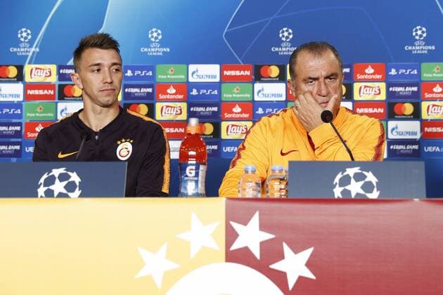 Galatasaray s Football Team Coach Fatih Terim and Goalkeeper Fernando Muslera gives a press conference PK Pressekonferenz on the eve of the team s a day before their UEFA Champions League Group D match against Lokomotiv Moscow on September 17 , 2018 in Istanbul , Turkey. 