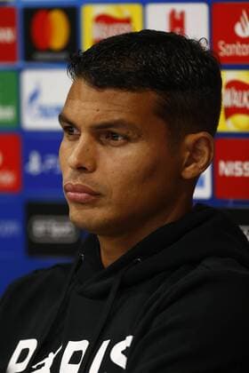 17th September 2018, Anfield, Liverpool, England; UEFA Champions League football, Liverpool versus Paris St Germain; Thiago Silva of PSG speaking to the media at Anfield during today s press conference PK Pressekonferenz ahead of tomorrow s Champions League match against Liverpool  ActionPlus12063472 AlanxMartin
