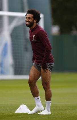 17th September 2018, Anfield, Liverpool, England; UEFA Champions League football, Liverpool versus Paris St Germain, open training session; Mohamed Salah of Liverpool ahead of tomorrow s Champions League match against Paris Saint-Germain  ActionPlus12063486 AlanxMartin