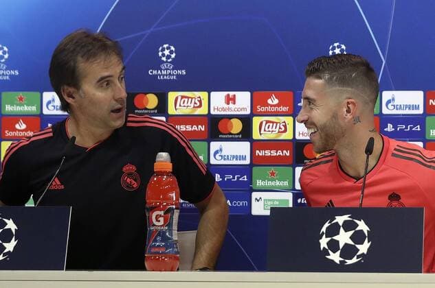 Real Madrid s head coach, Julen Lopetegui, and defender Sergio Ramos (R), during a press conference PK Pressekonferenz held at the end of a team s training session at Valdebebas city in Madrid, Spain, 18 September 2018. Real Madrid will be facing Roma in a Champions League match next 19 September 2018. Press conference !ACHTUNG: NUR REDAKTIONELLE NUTZUNG!  Copyright: xBALLESTEROSx GRAF5375 20180918-636728758394618774
